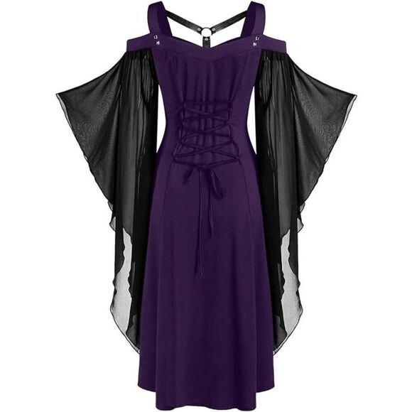💜 Goth Harness Cold Shoulder Butterfly Sleeves Cosplay Purple Dress SIZE 6 NWT - Picture 8 of 16